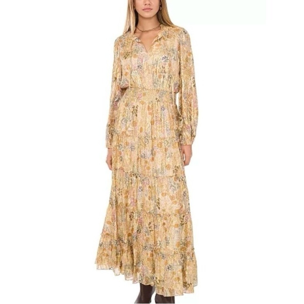 MSK Metallic Gold Floral Tiered Maxi Dress 93467194Q size M NEW